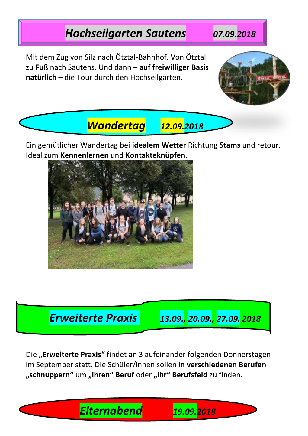 Hochseilgarten Sautens Wandertag 12.09.2018 Erweiterte Praxis Elternabend