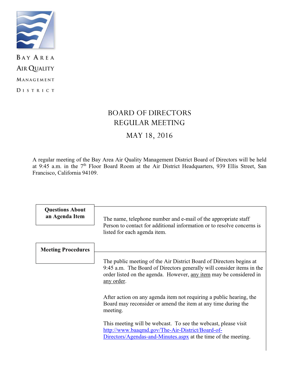 Board of Directors Regular Meeting May 18, 2016