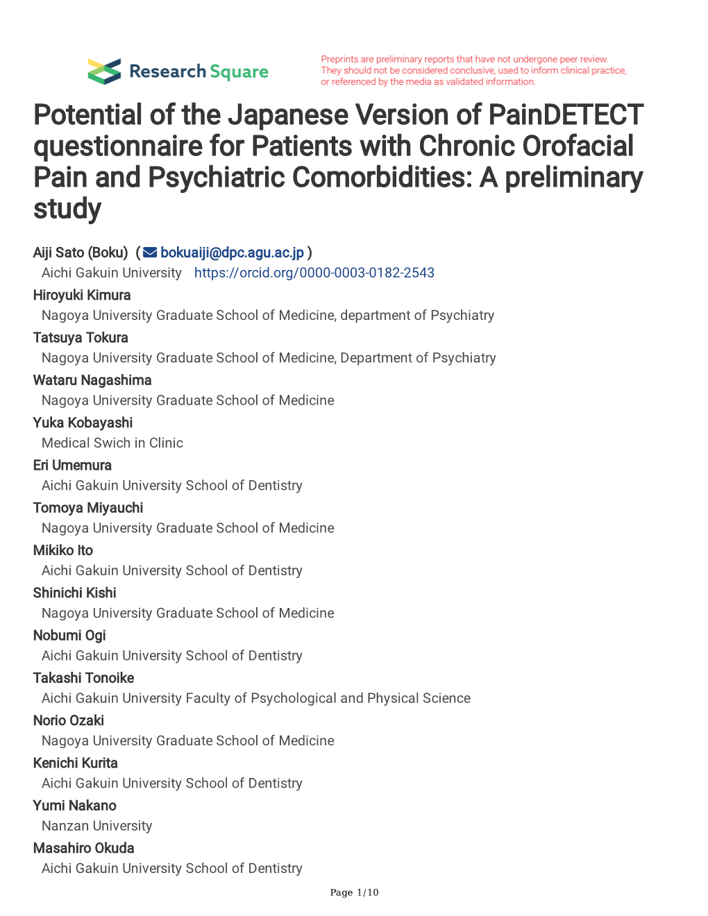 Potential of the Japanese Version of Paindetect Questionnaire for Patients with Chronic Orofacial Pain and Psychiatric Comorbidities: a Preliminary Study