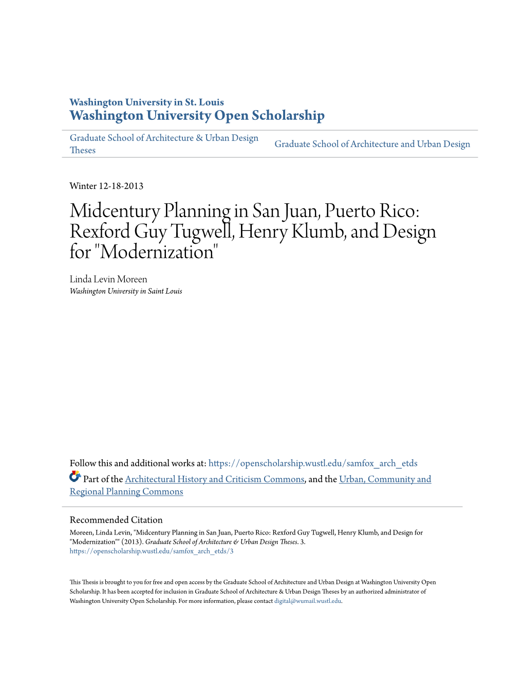 Midcentury Planning in San Juan, Puerto Rico: Rexford Guy Tugwell, Henry Klumb, and Design for 