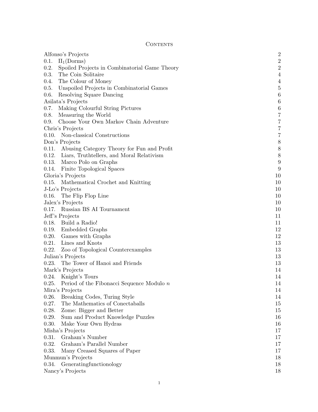 Contents Alfonso's Projects 2 0.1. Π1(Dorms) 2 0.2. Spoiled Projects in Combinatorial Game Theory 2 0.3. the Coin Solitaire 4