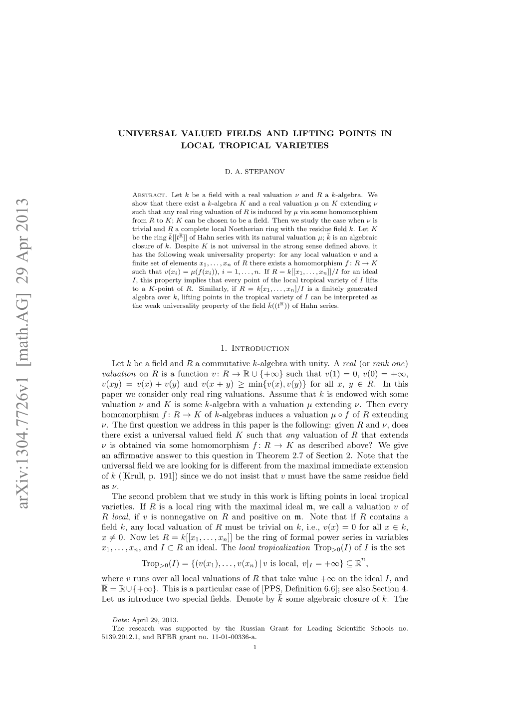 Universal Valued Fields and Lifting Points in Local Tropical Varieties