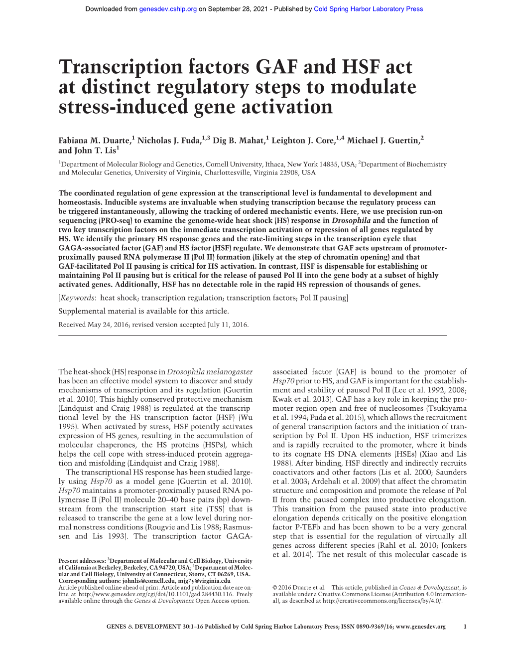 Transcription Factors GAF and HSF Act at Distinct Regulatory Steps to Modulate Stress-Induced Gene Activation