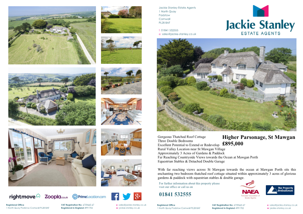 01841 532555 Higher Parsonage, St Mawgan £895,000