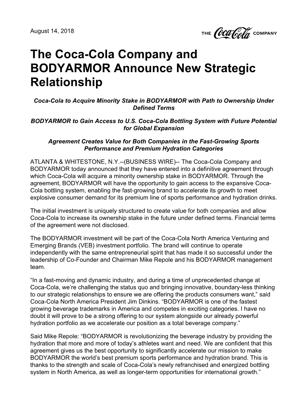 The Coca-Cola Company and BODYARMOR Announce New Strategic Relationship