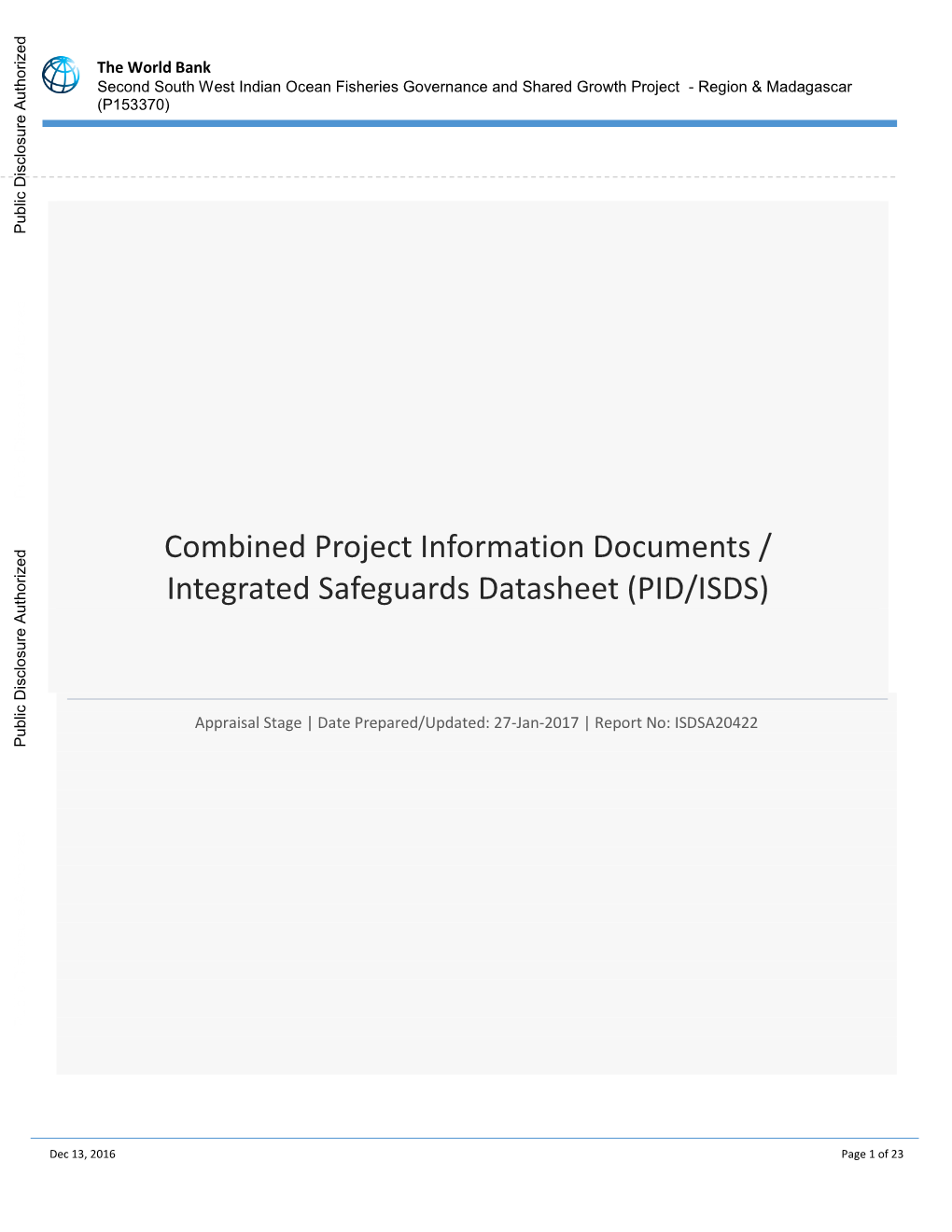 Second South West Indian Ocean Fisheries Governance and Shared Growth Project - Region & Madagascar (P153370)