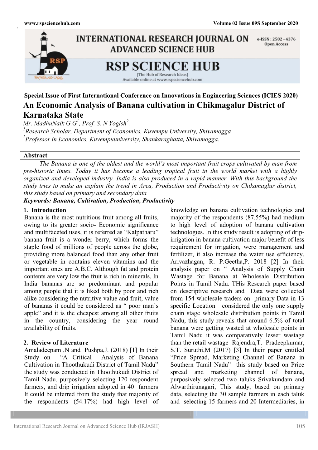 An Economic Analysis of Banana Cultivation in Chikmagalur District of Karnataka State Mr