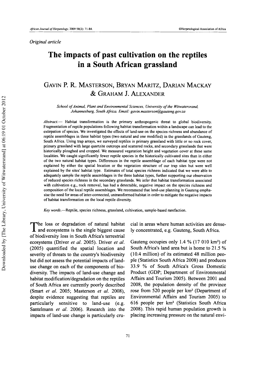 The Impacts of Past Cultivation on the Reptiles in a South African Grassland