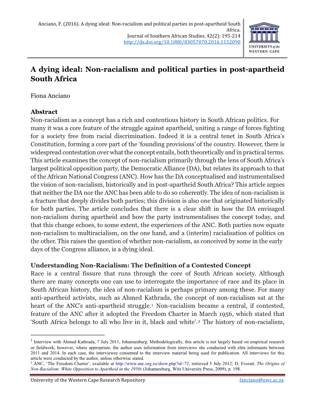 Non-Racialism and Political Parties in Post-Apartheid South Africa