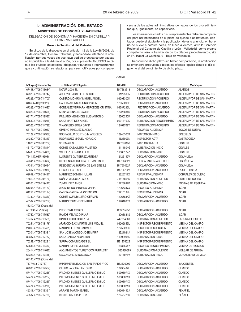 I.- ADMINISTRACIÓN DEL ESTADO Cencia De Los Actos Administrativos Derivados De Los Procedimien- Tos Que, Igualmente, Se Especifican