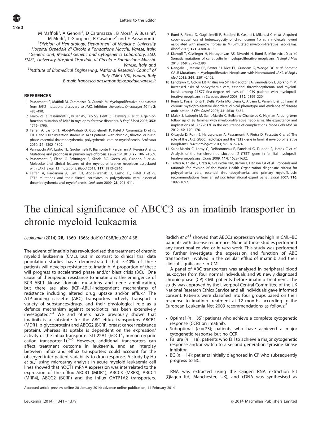The Clinical Significance of ABCC3 As an Imatinib Transporter in Chronic