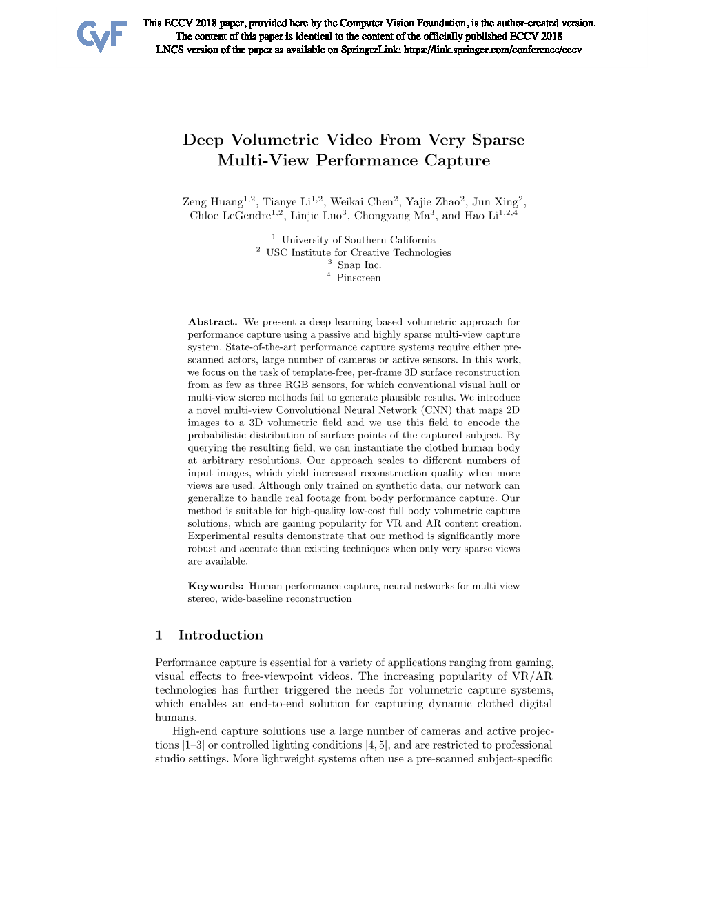 Deep Volumetric Video from Very Sparse Multi-View Performance Capture