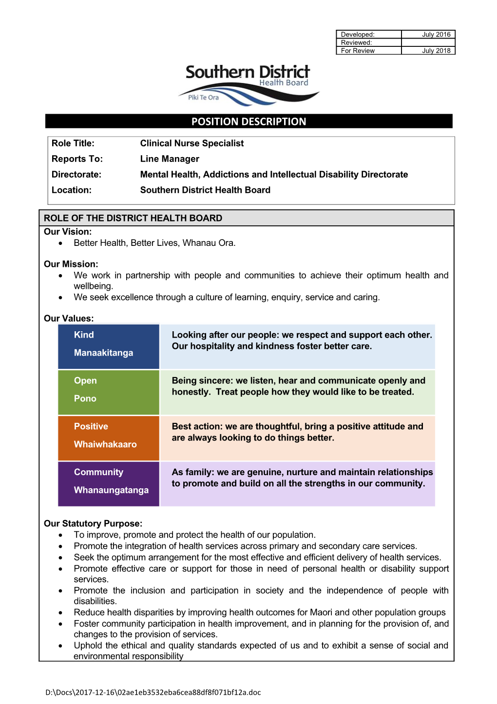 POSITION DESCRIPTION Role Title: Clinical Nurse Specialist