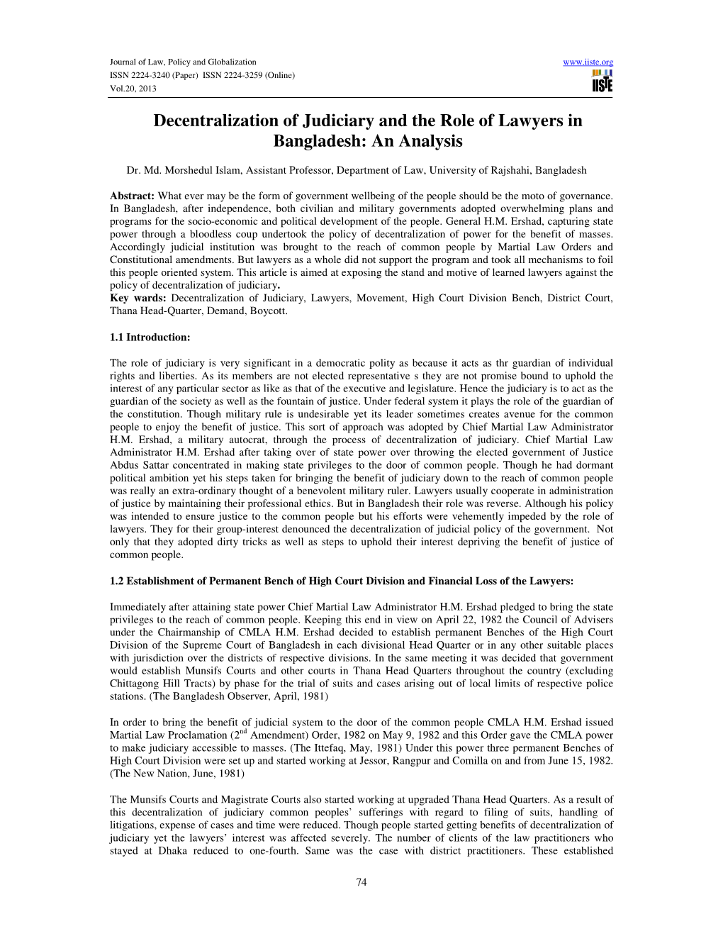 Decentralization of Judiciary and the Role of Lawyers in Bangladesh: an Analysis