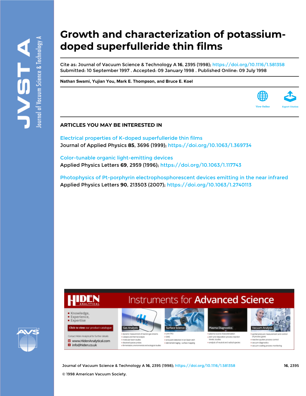 Growth and Characterization of Potassium-Doped Superfulleride Thin Films