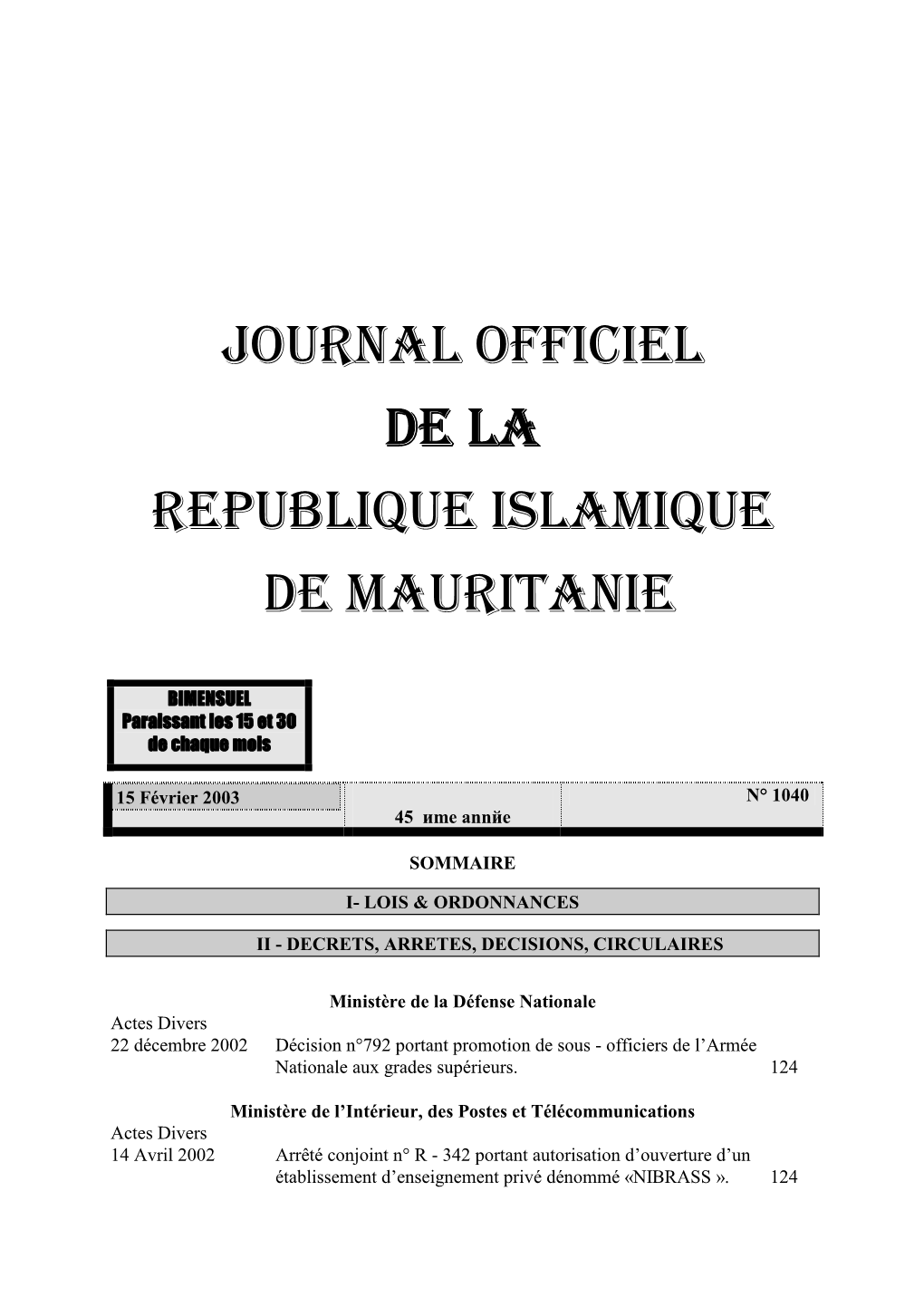 Journal Officiel De La Republique Islamique