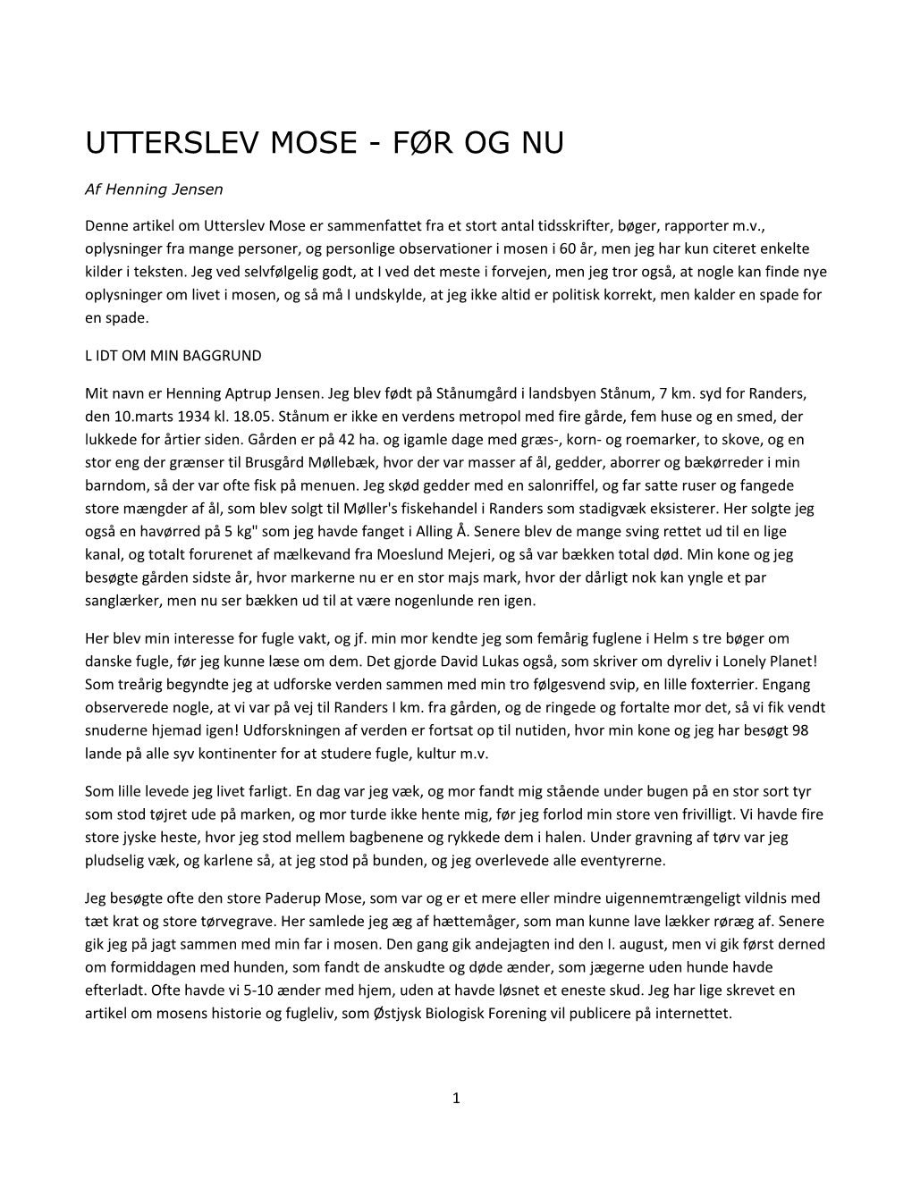 Artikel Om Utterslev Mose, Før Og Nu Af Henning Jensen