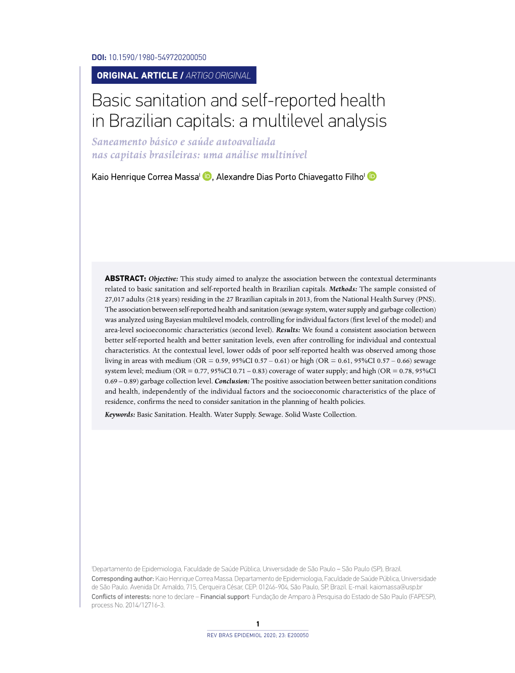 Basic Sanitation and Self-Reported Health in Brazilian Capitals