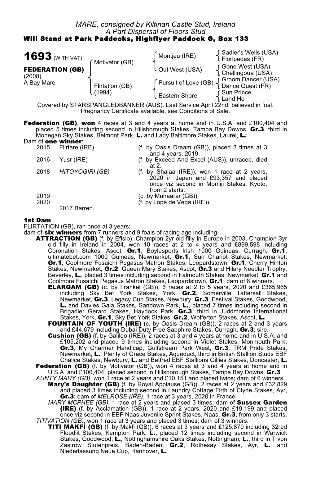 MARE, Consigned by Kiltinan Castle Stud, Ireland a Part Dispersal of Floors Stud Will Stand at Park Paddocks, Highflyer Paddock G, Box 133