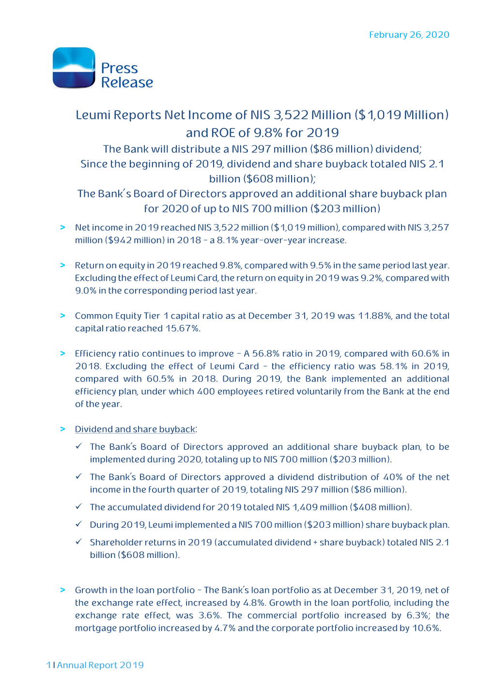 Leumi Reports Net Income of NIS 3,522 Million ($1,019 Million) And