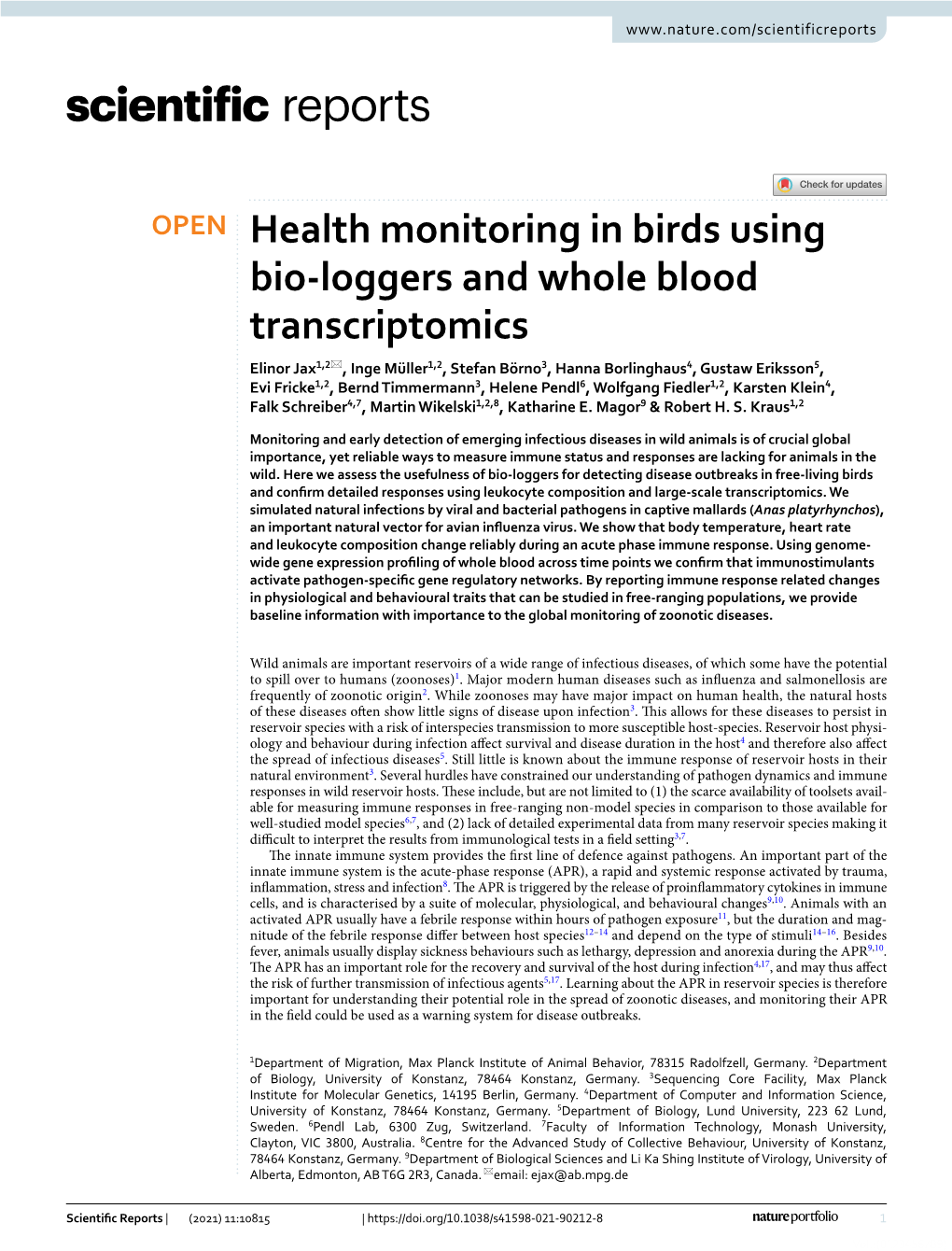 Health Monitoring in Birds Using Bio-Loggers and Whole Blood