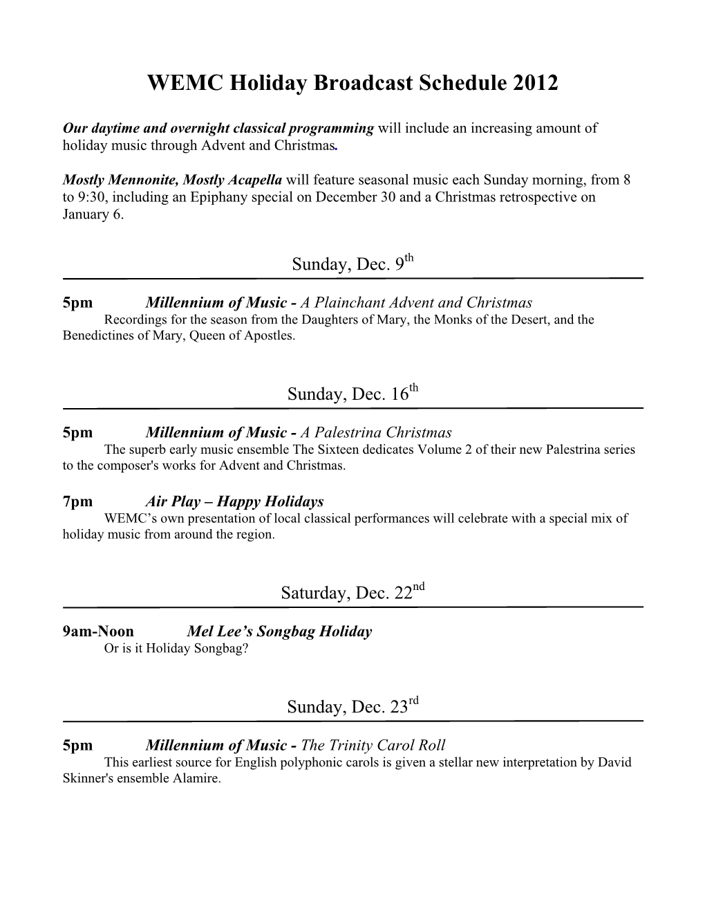 WEMC Holiday Broadcast Schedule 2012