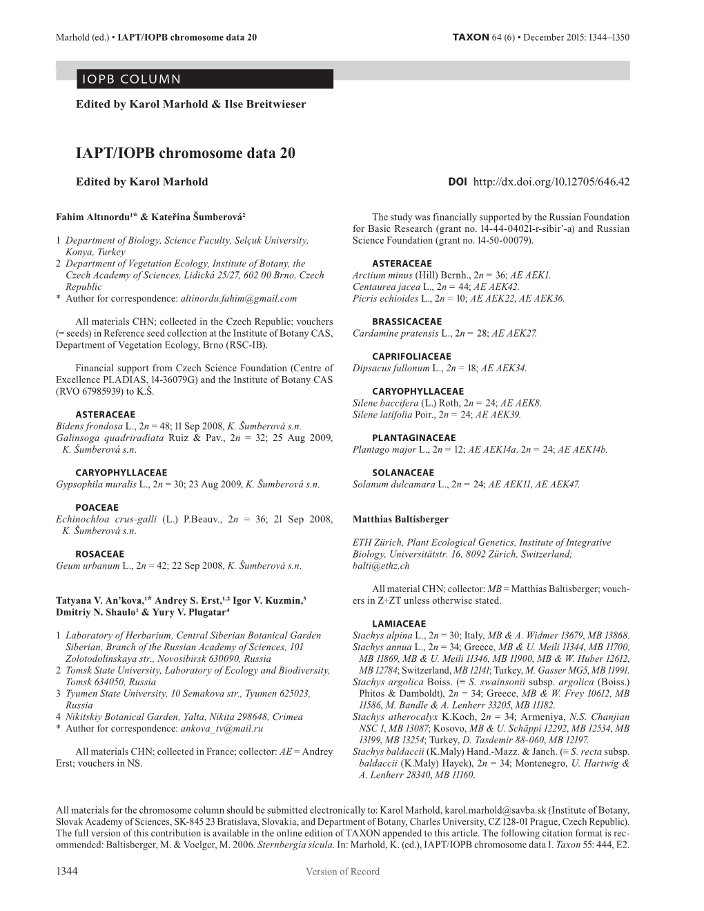 IAPT/IOPB Chromosome Data 20 TAXON 64 (6) • December 2015: 1344–1350