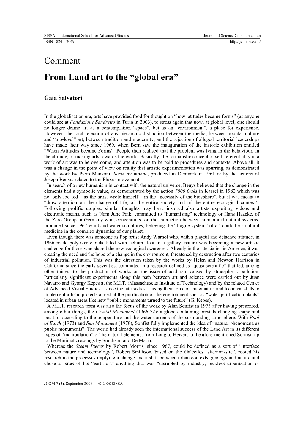 Comment from Land Art to the “Global Era”
