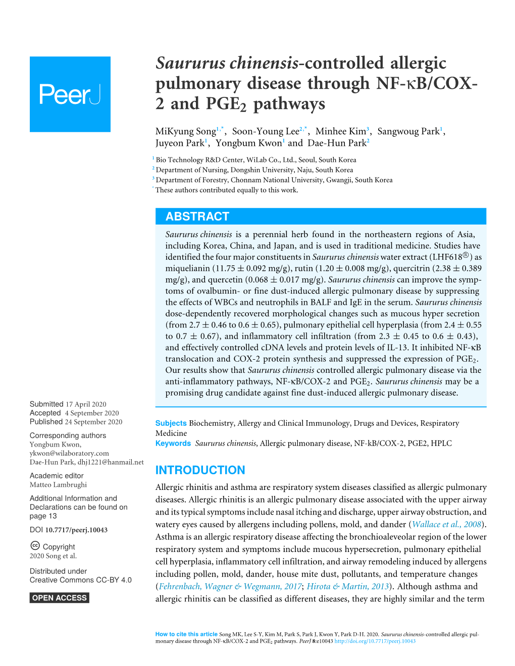 Saururus Chinensis-Controlled Allergic Pulmonary Disease Through NF-Κb/COX- 2 and PGE2 Pathways