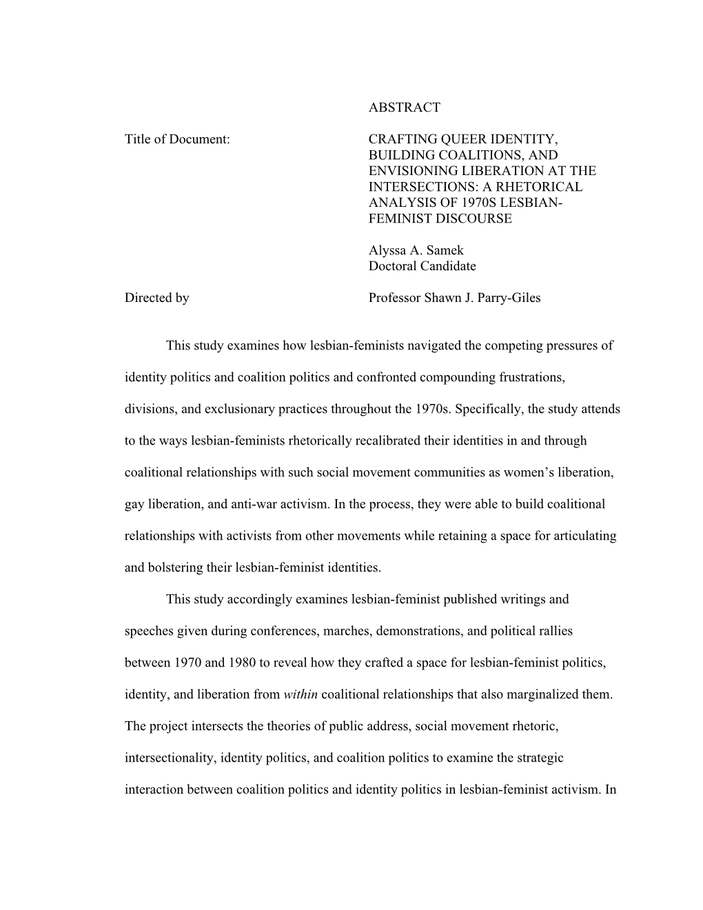 Crafting Queer Identity, Building Coalitions, and Envisioning Liberation at the Intersections: a Rhetorical Analysis of 1970S Lesbian- Feminist Discourse