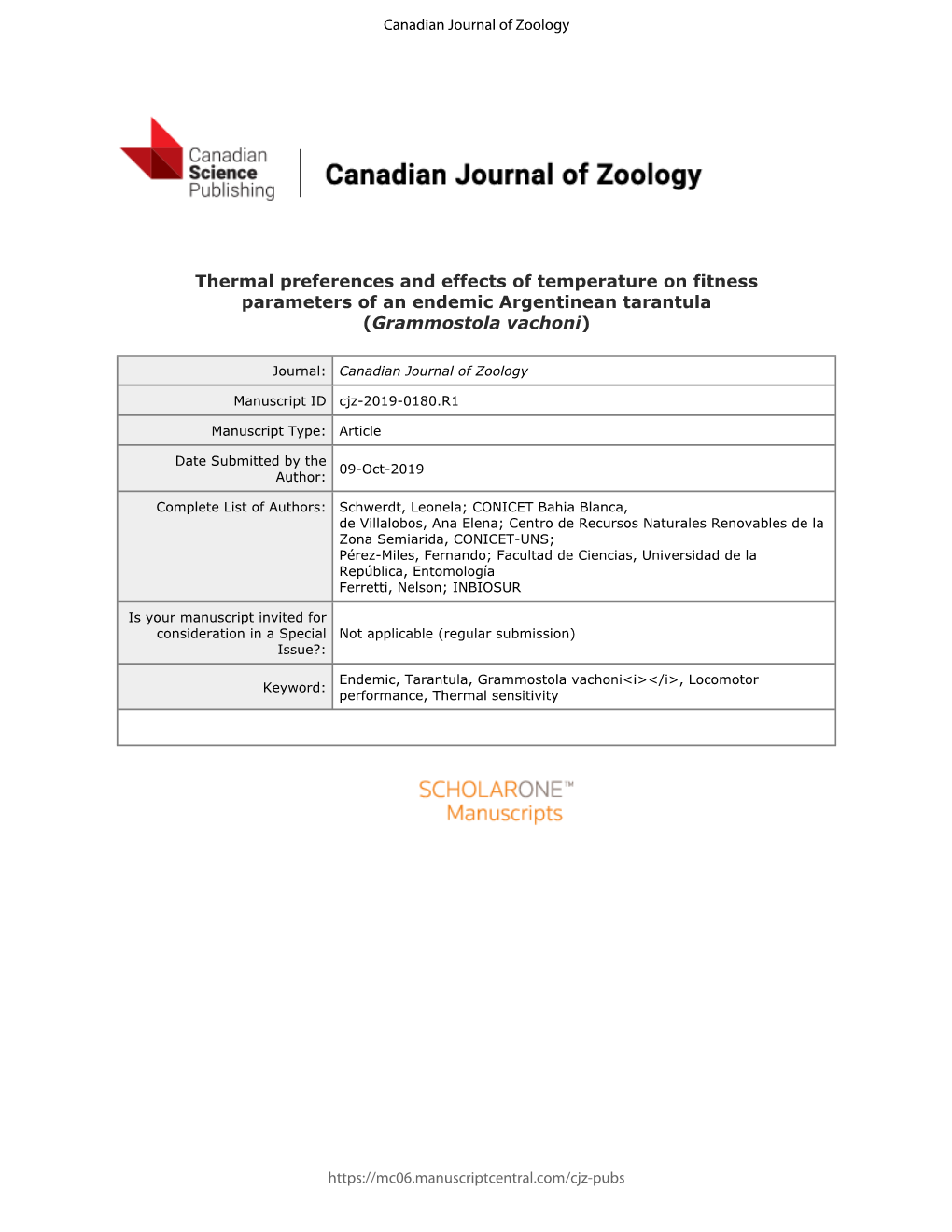 Thermal Preferences and Effects of Temperature on Fitness Parameters of an Endemic Argentinean Tarantula (Grammostola Vachoni)