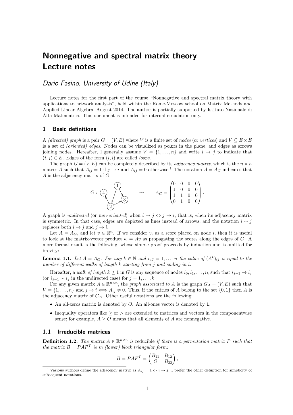 Nonnegative and Spectral Matrix Theory Lecture Notes