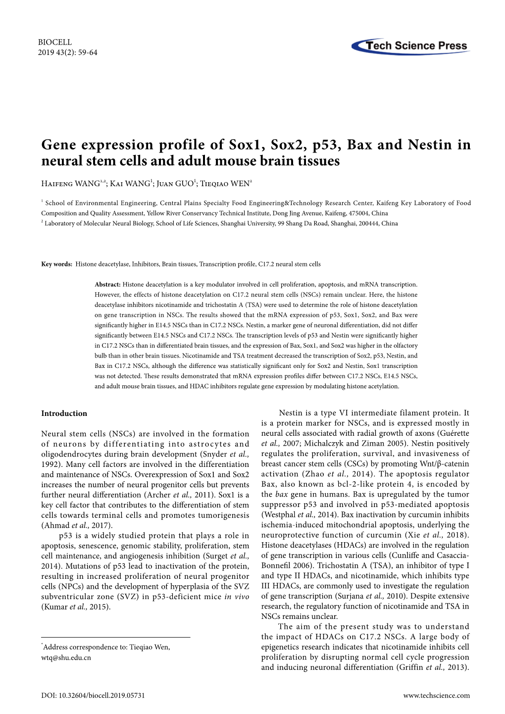 Gene Expression Profile of Sox1, Sox2, P53, Bax and Nestin in Neural Stem Cells and Adult Mouse Brain Tissues