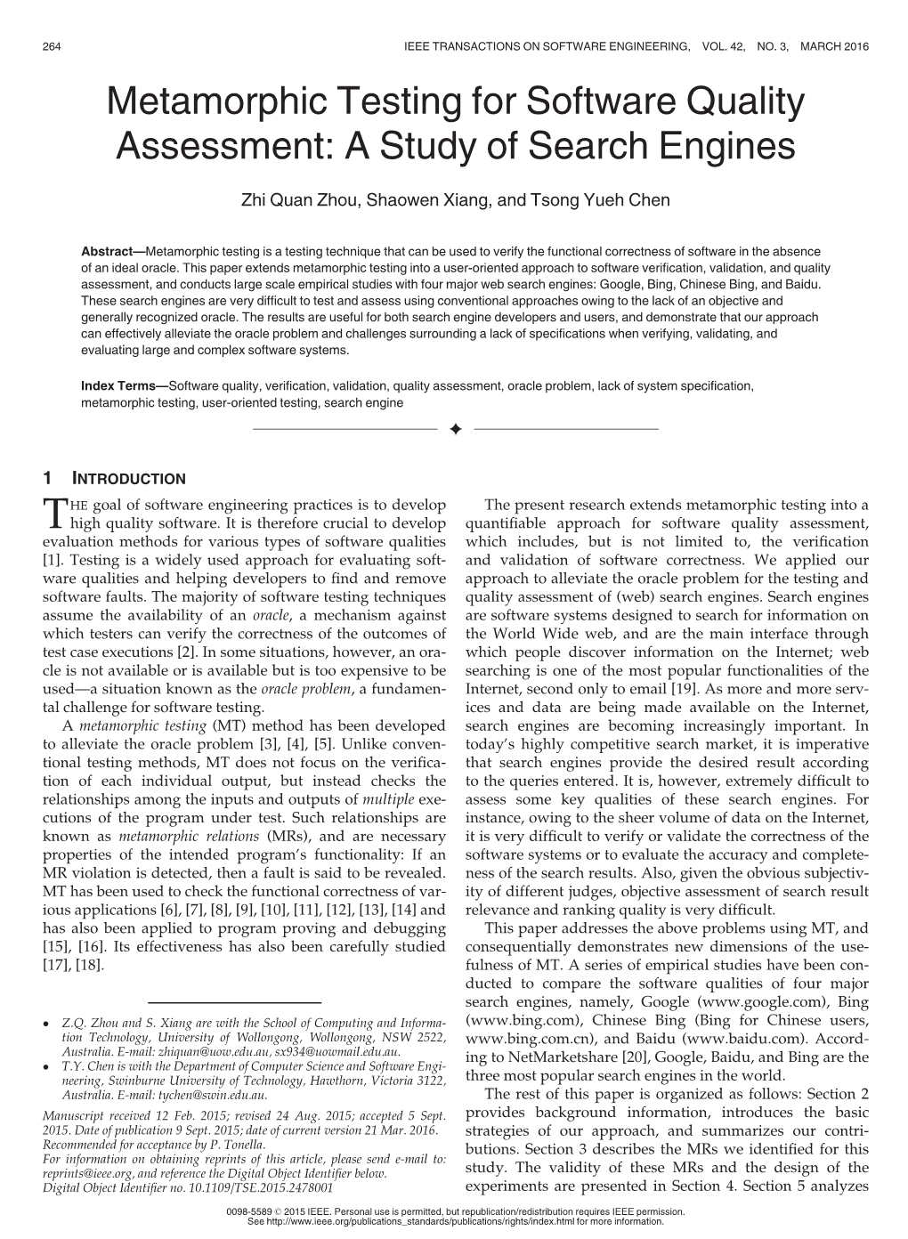 Metamorphic Testing for Software Quality Assessment: a Study of Search Engines