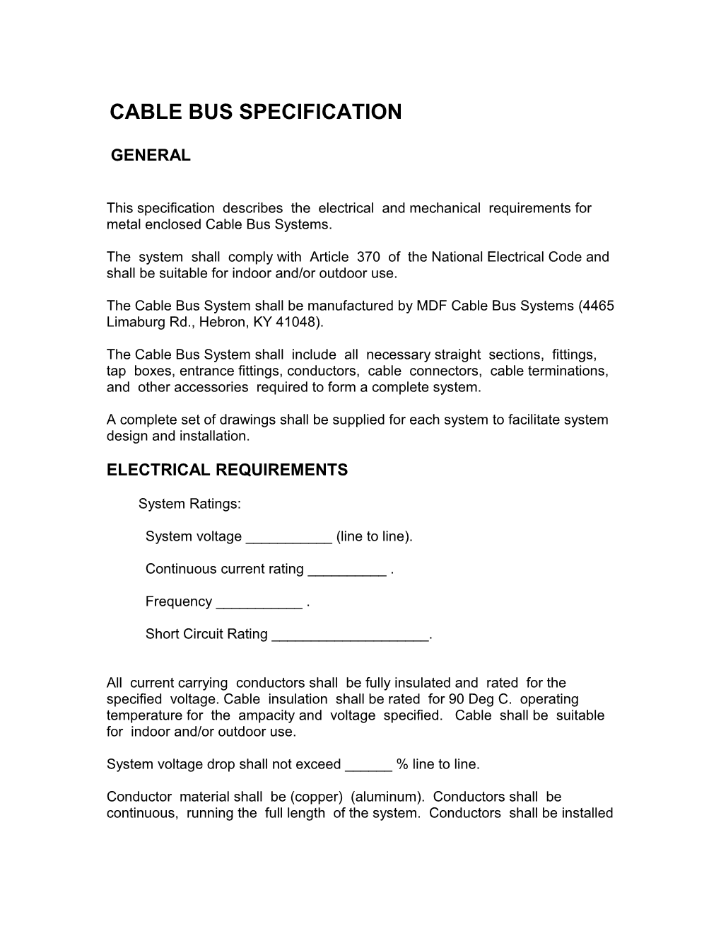 Cable Bus Specification