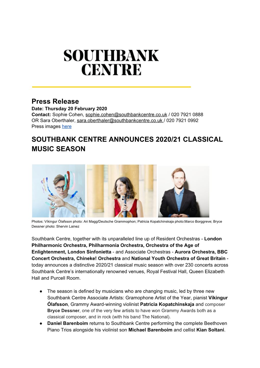 Press Release SOUTHBANK CENTRE ANNOUNCES 2020/21