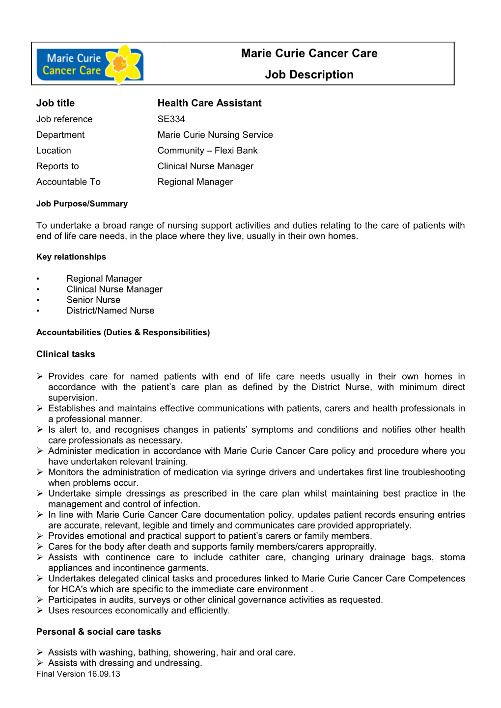 Job Title Health Care Assistant