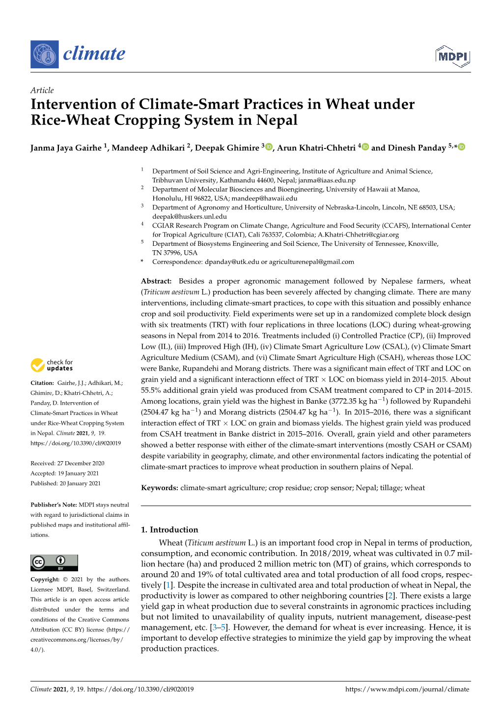 Intervention of Climate-Smart Practices in Wheat Under Rice-Wheat Cropping System in Nepal