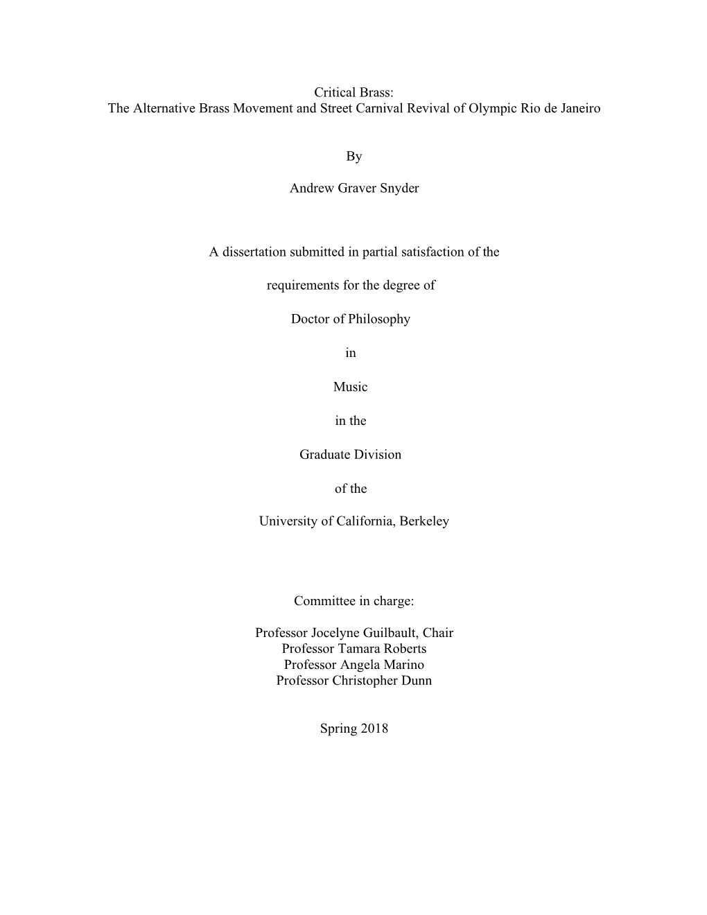 Critical Brass, Andrew Snyder Dissertation