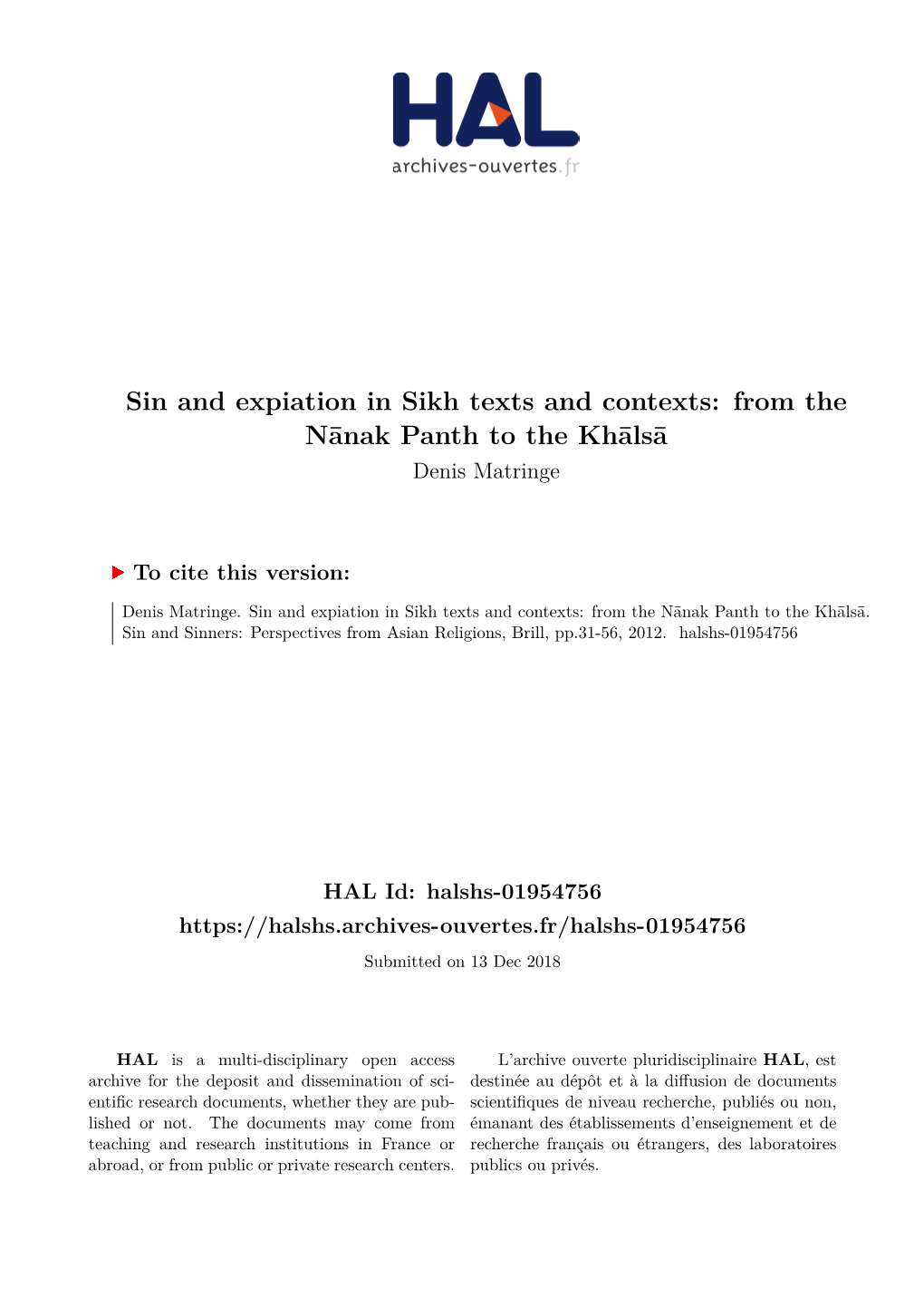 Sin and Expiation in Sikh Texts and Contexts: from the Nānak Panth to the Khālsā Denis Matringe