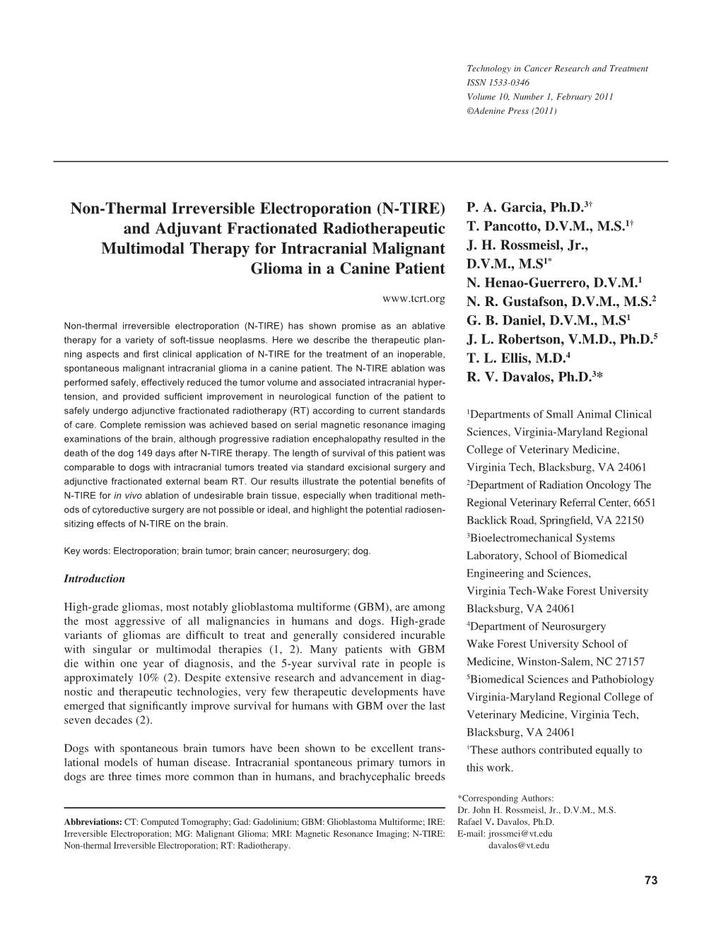 Non-Thermal Irreversible Electroporation (N-TIRE) and Adjuvant Fractionated Radiotherapeutic Multimodal Therapy for Intracranial