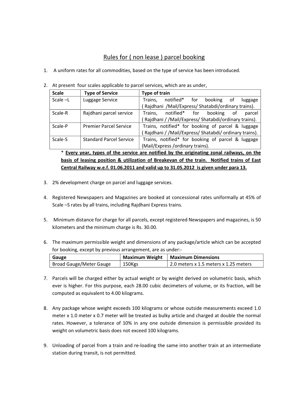 Rules for ( Non Lease ) Parcel Booking