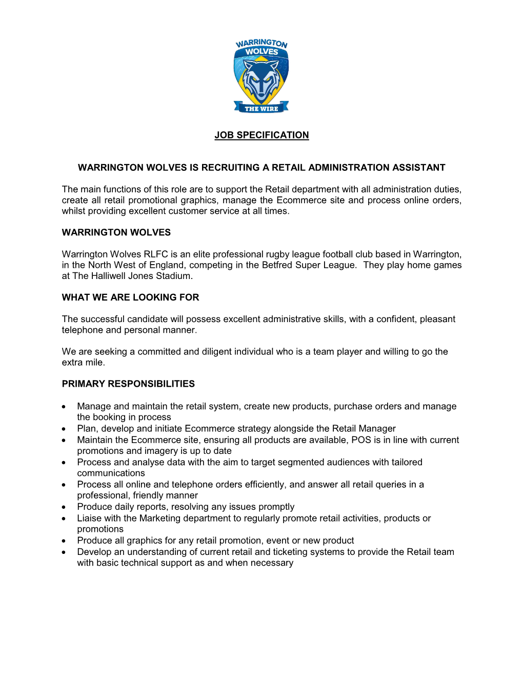 Job Specification Warrington Wolves Is