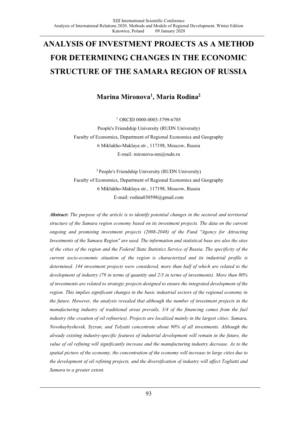 Analysis of Investment Projects As a Method for Determining Changes in the Economic Structure of the Samara Region of Russia