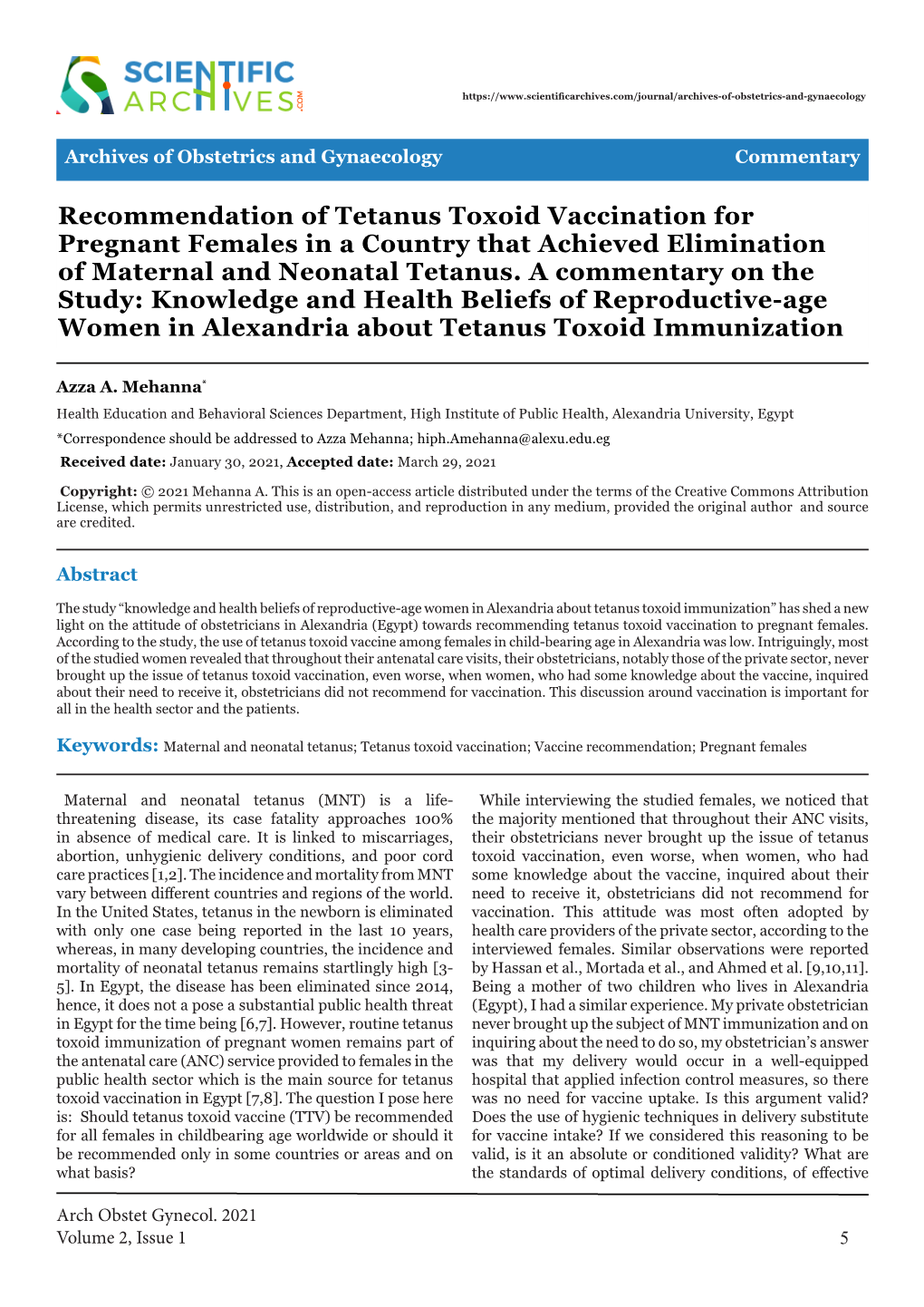 Recommendation of Tetanus Toxoid Vaccination for Pregnant Females in a Country That Achieved Elimination of Maternal and Neonatal Tetanus