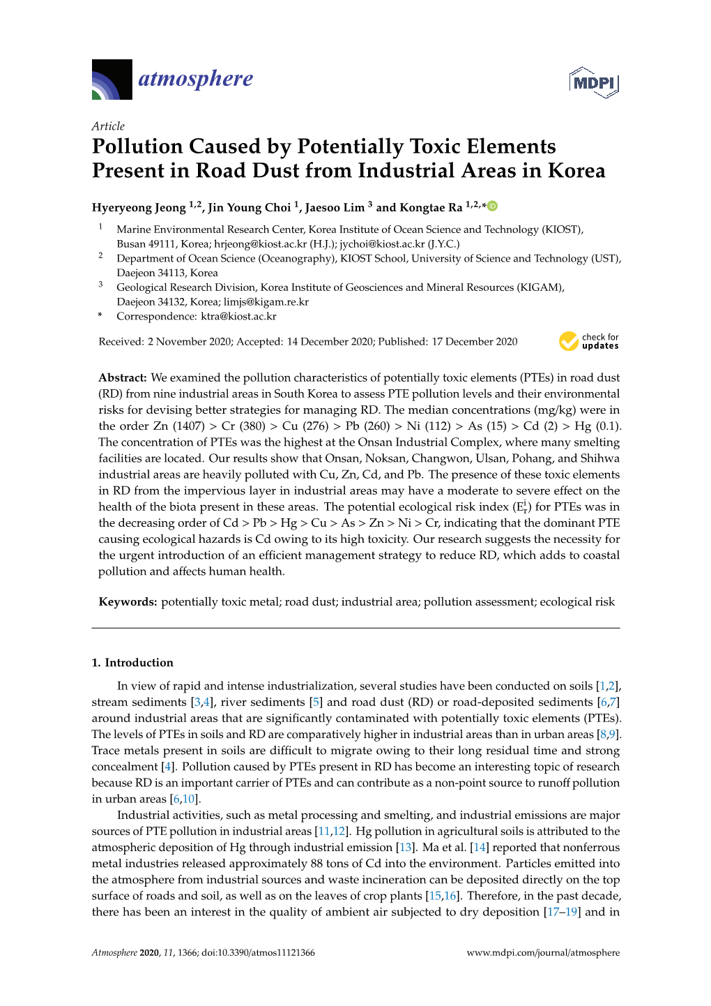 Pollution Caused by Potentially Toxic Elements Present in Road Dust from Industrial Areas in Korea