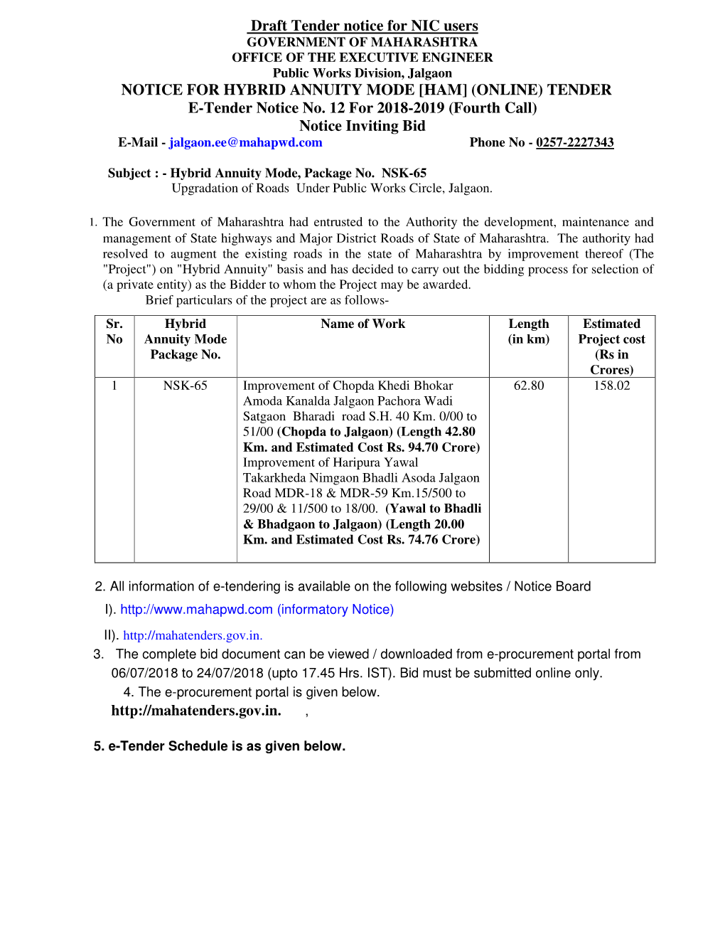 Draft Tender Notice for NIC Users NOTICE for HYBRID