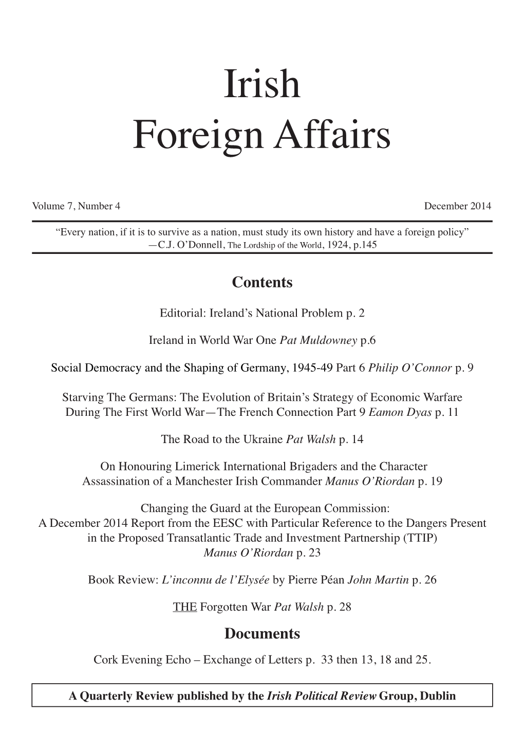 Irish Foreign Affairs, Volume 7. No. 4. December 2014