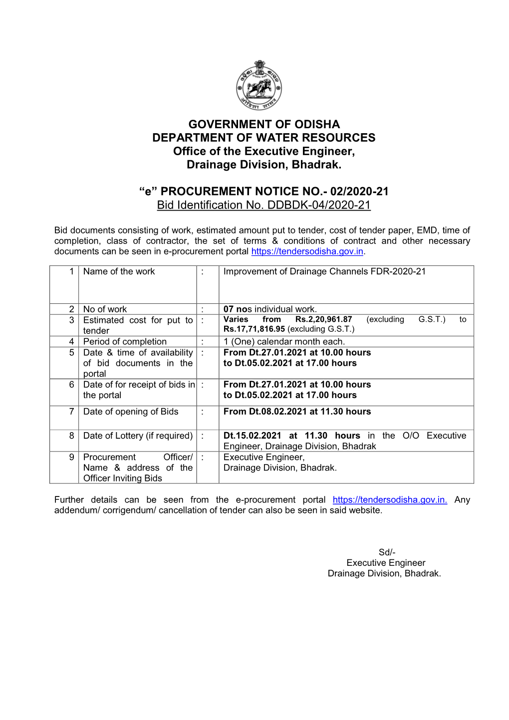 “E” PROCUREMENT NOTICE NO.- 02/2020-21 Bid Identification No