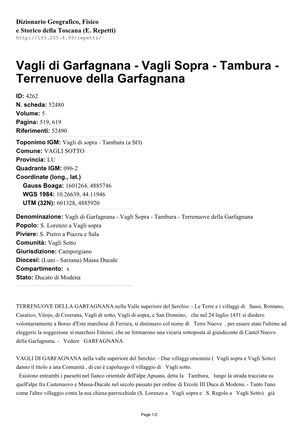 Vagli Di Garfagnana - Vagli Sopra - Tambura - Terrenuove Della Garfagnana